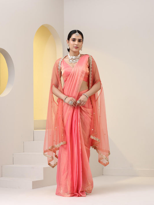 Dhiyona ST 3 pc SET - Peach Gold Organza Chiffon Skirt Saree with Blouse Fabric and Jacket