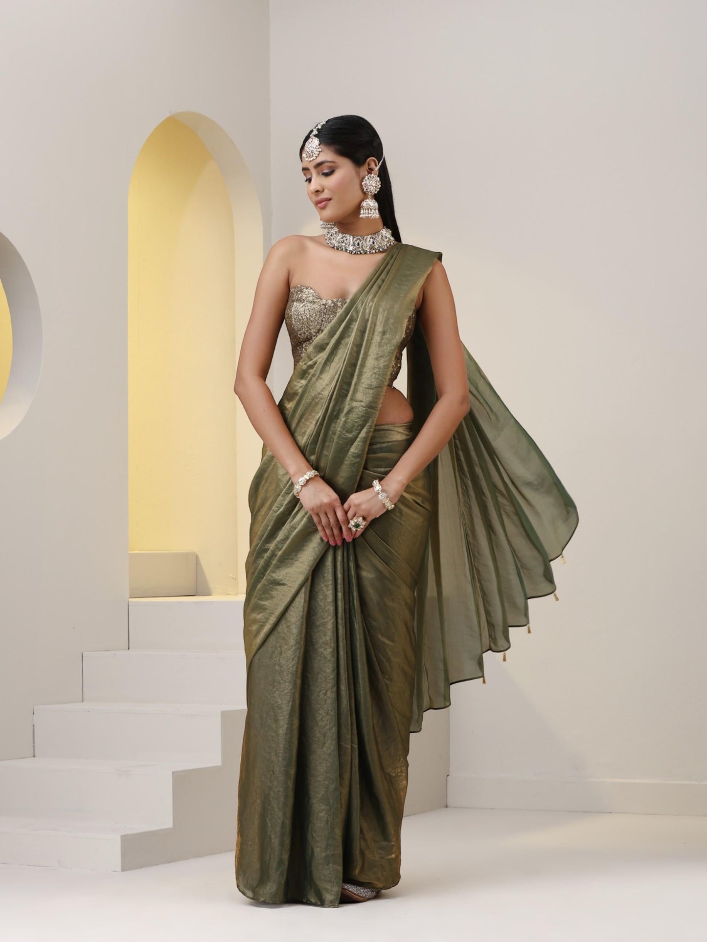 Dhiyona ST 2 pc SET - Copper Green Metallic Satin Pocket Skirt Saree with Gold Corset Blouse