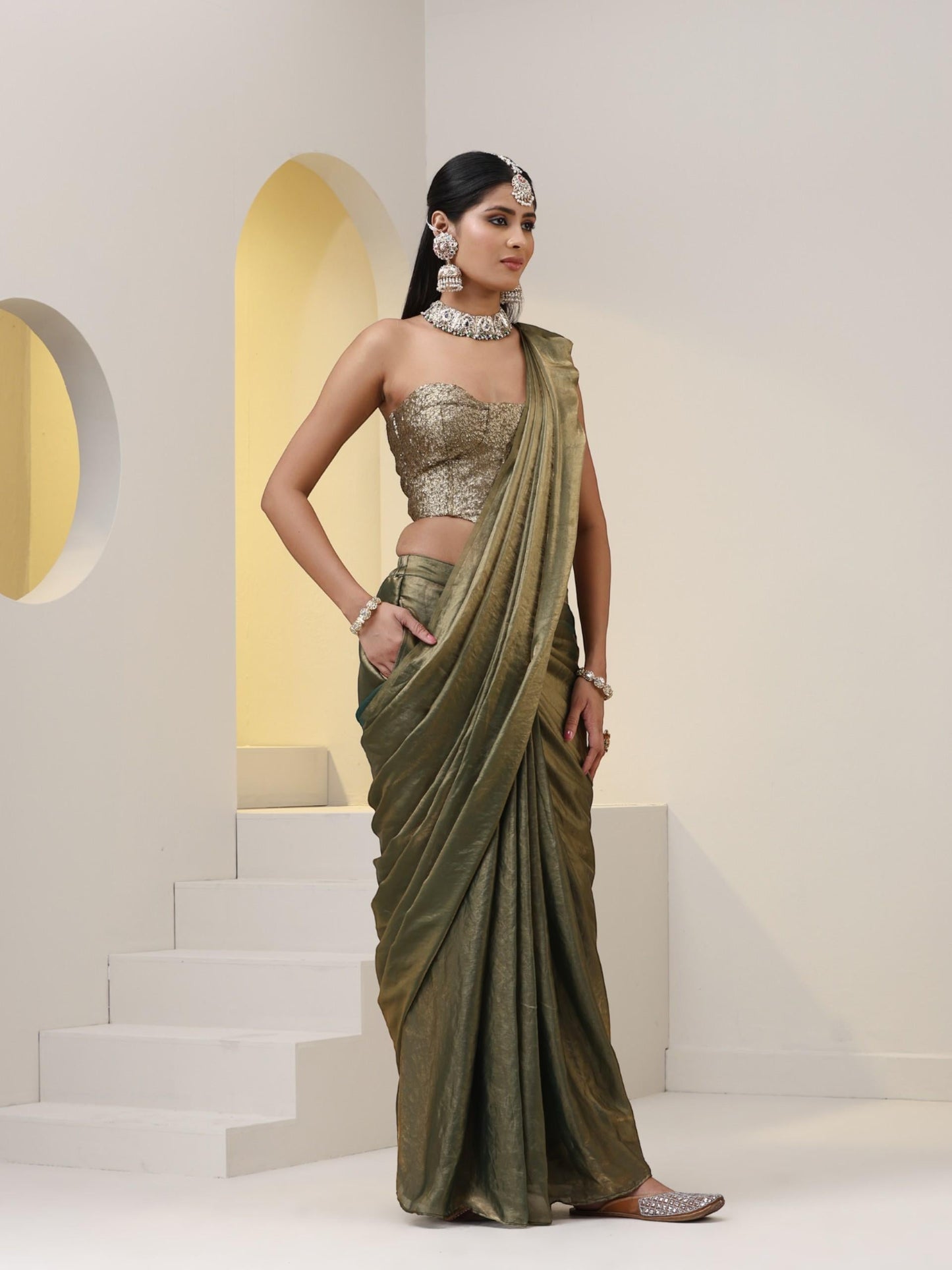 Dhiyona ST 2 pc SET - Copper Green Metallic Satin Pocket Skirt Saree with Gold Corset Blouse