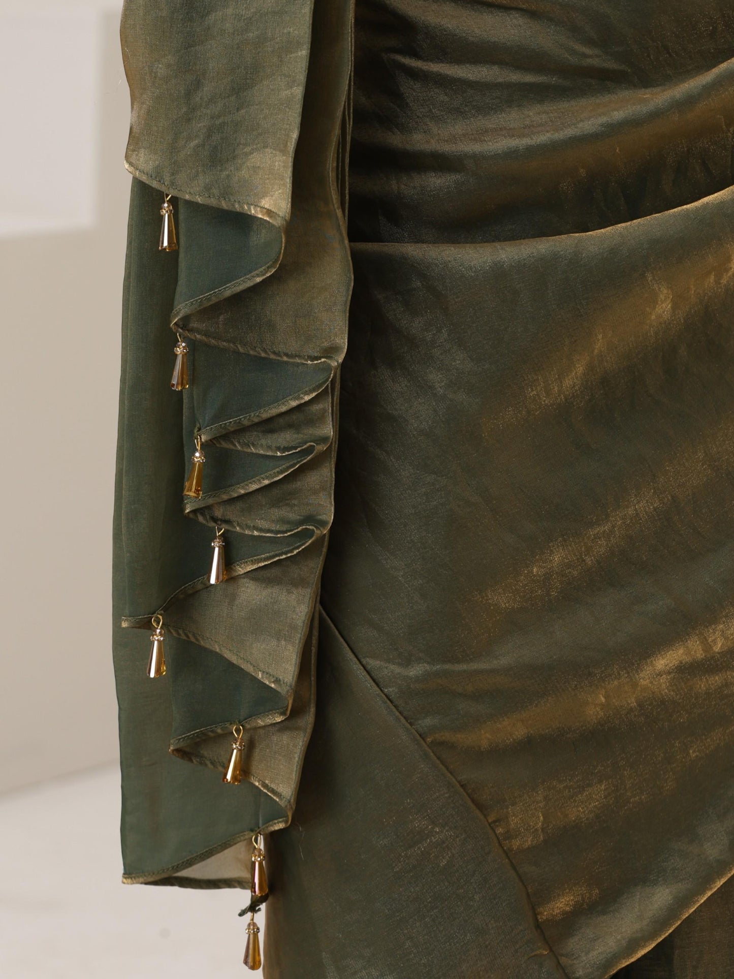 Dhiyona ST 2 pc SET - Copper Green Metallic Satin Pocket Skirt Saree with Gold Corset Blouse