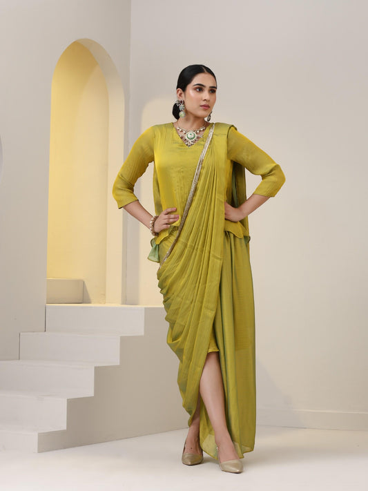 Dhiyona ST 2 pc SET - Yellow Blue dual shade Chiffon Sharara Saree with Top and Gold Sequins Pallu with Blouse