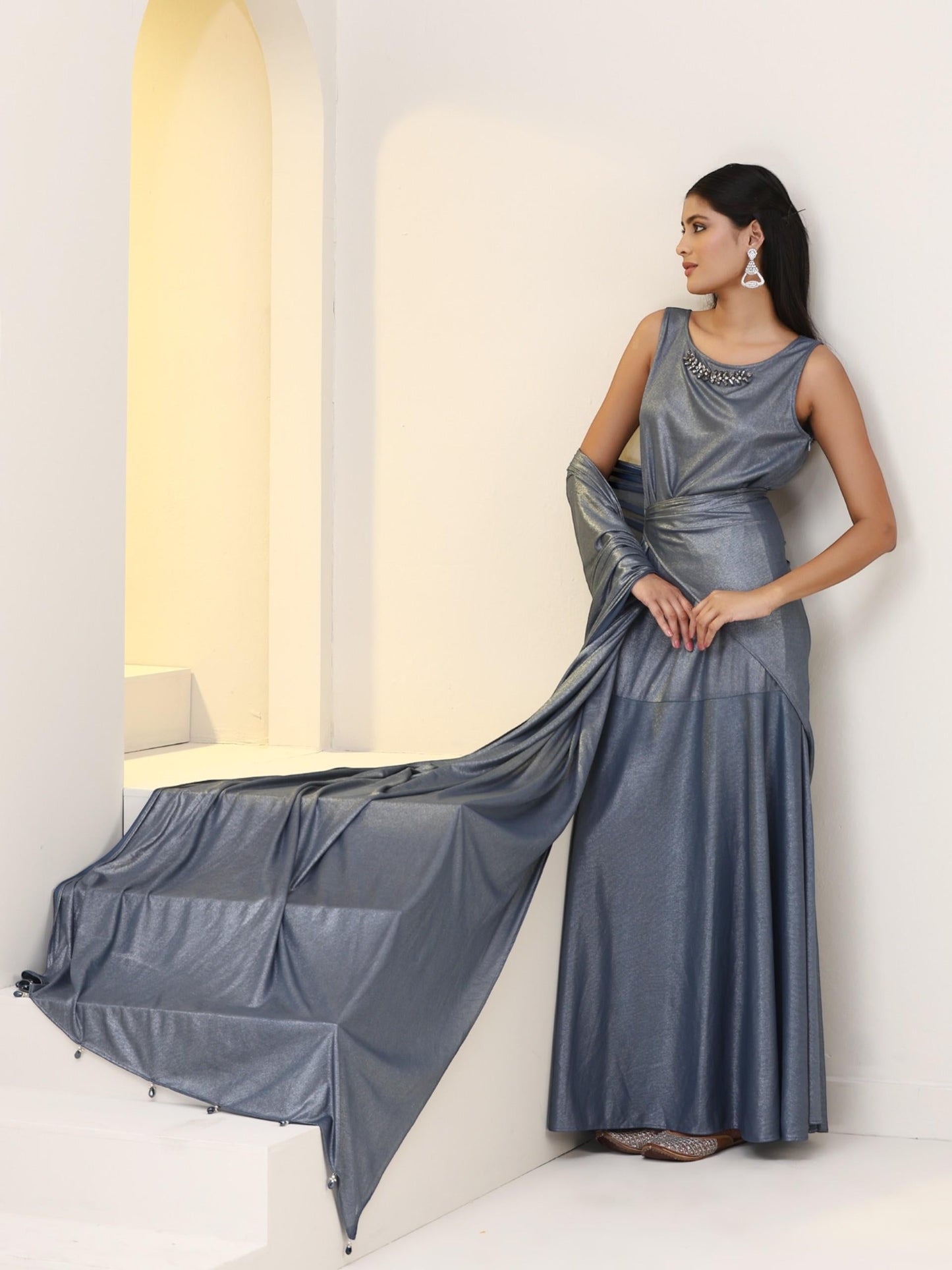 Dhiyona ST Show Steel-Er Grey Knit Dress Saree