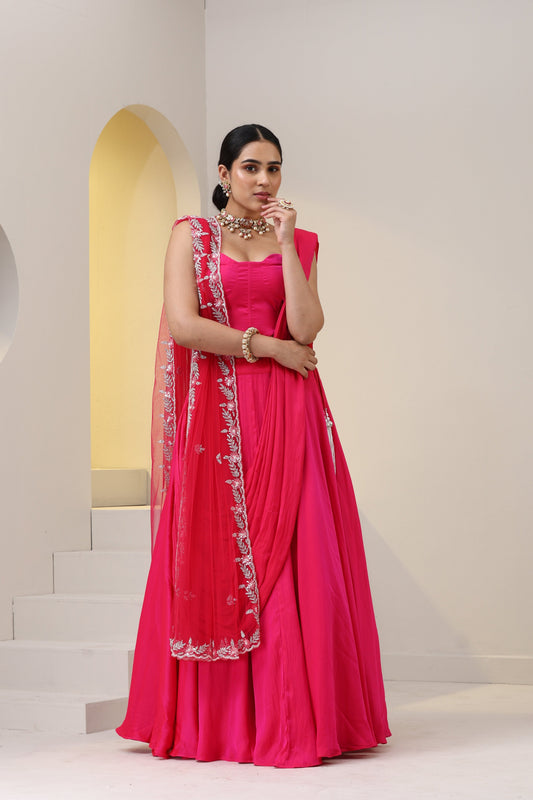 Dhiyona ST 3 pc SET - Love Potion Fuchsia Satin Lehenga with Net Dupatta and Blouse Fabric
