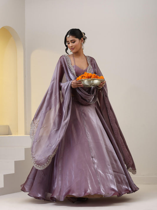 Dhiyona ST 3 pc SET - Mauve Brazil Lehenga with Cut Dana Embroidered Blouse Fabric and Dupatta