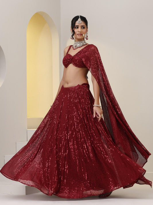 Dhiyona ST 2 pc SET - Maroon Knit Sequined Lehenga with Blouse with Dupatta