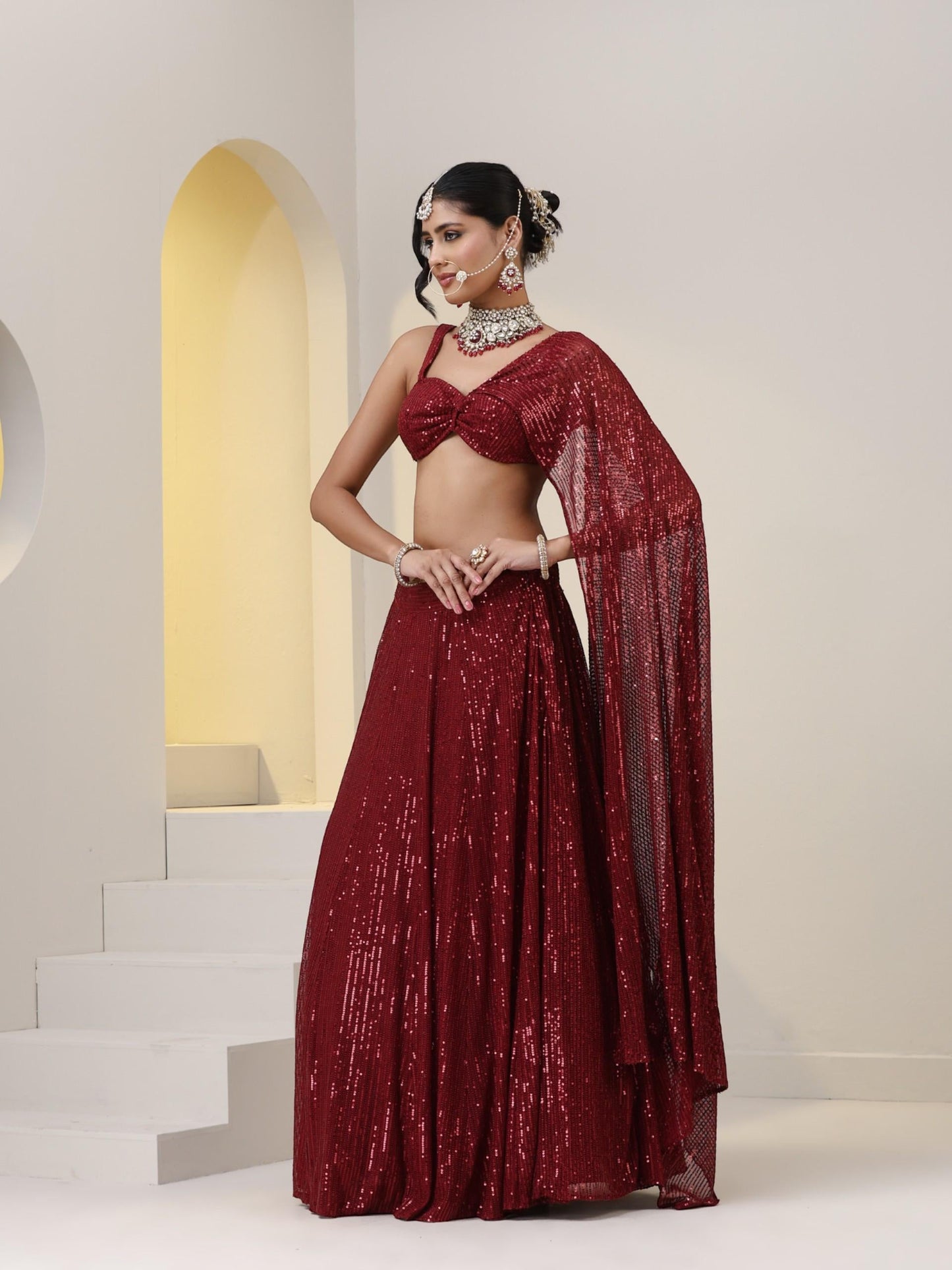 Dhiyona ST 2 pc SET - Maroon Knit Sequined Lehenga with Blouse with Dupatta