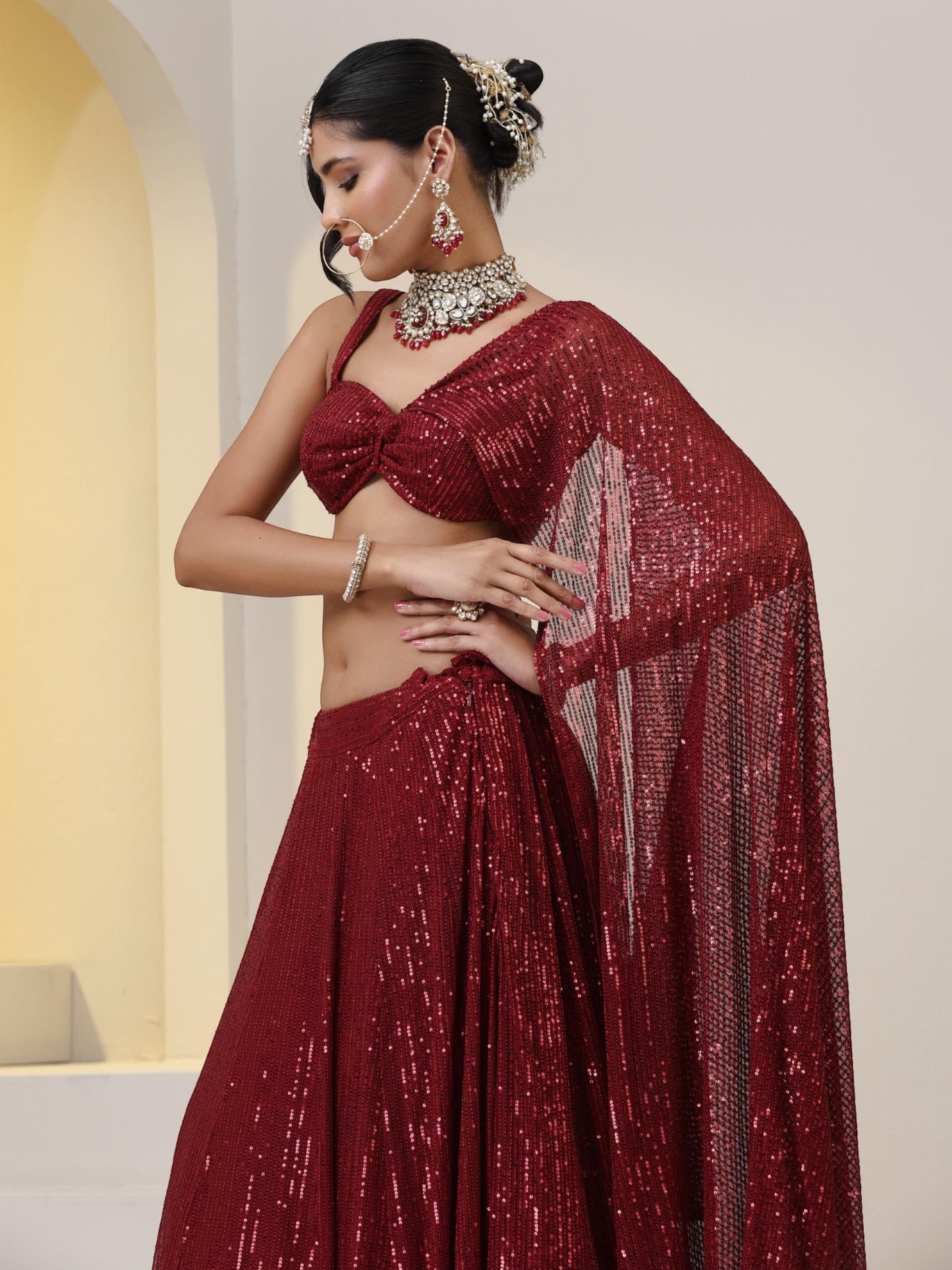 Dhiyona ST 2 pc SET - Maroon Knit Sequined Lehenga with Blouse with Dupatta