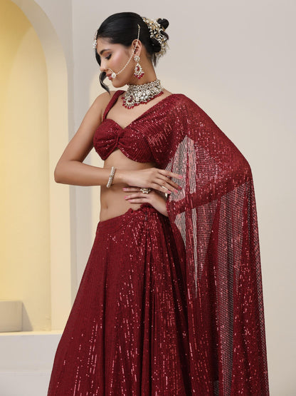 Dhiyona ST 2 pc SET - Maroon Knit Sequined Lehenga with Blouse with Dupatta