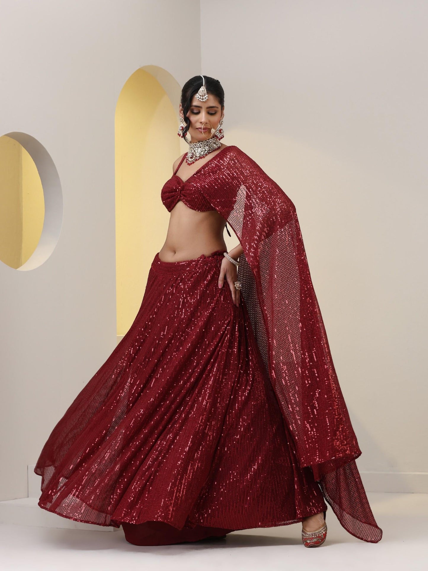 Dhiyona ST 2 pc SET - Maroon Knit Sequined Lehenga with Blouse with Dupatta