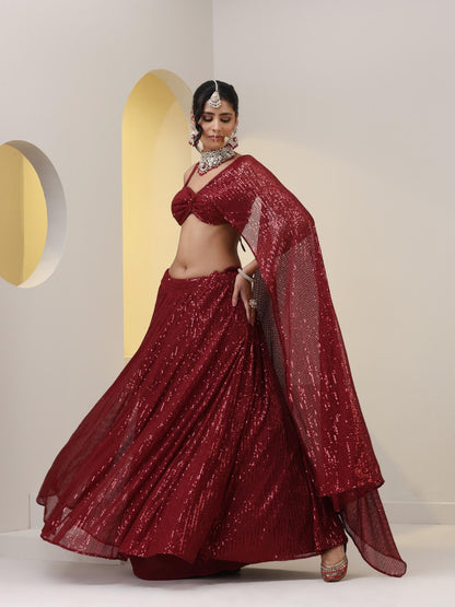 Dhiyona ST 2 pc SET - Maroon Knit Sequined Lehenga with Blouse with Dupatta