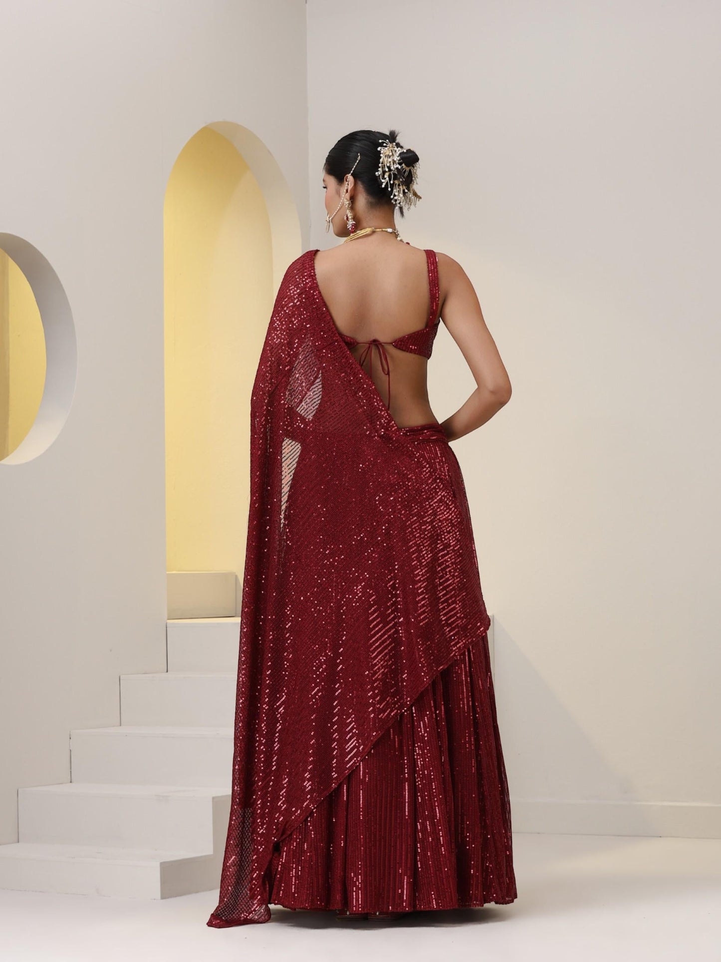 Dhiyona ST 2 pc SET - Maroon Knit Sequined Lehenga with Blouse with Dupatta