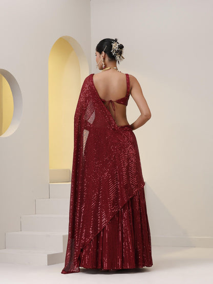 Dhiyona ST 2 pc SET - Maroon Knit Sequined Lehenga with Blouse with Dupatta