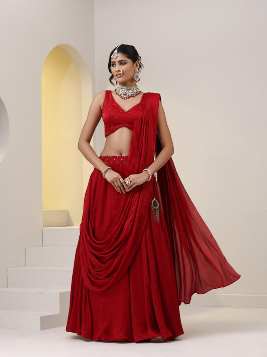 Dhiyona ST Milano Red Satin Skirt saree with Pallu with Beads on Waist-Band and Blouse Fabric