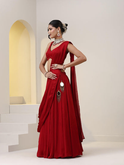 Dhiyona ST Milano Red Satin Skirt saree with Pallu with Beads on Waist-Band and Blouse Fabric