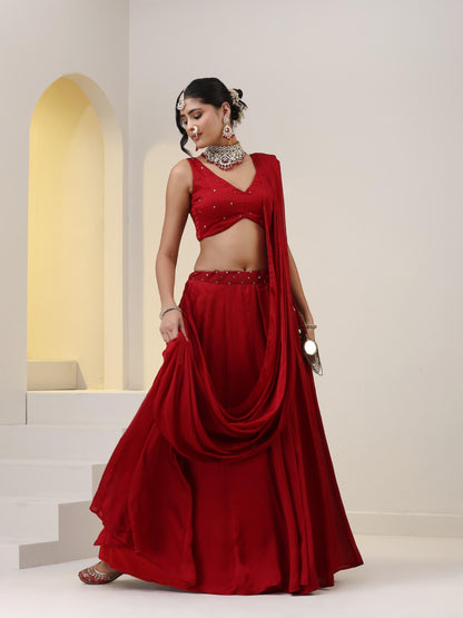 Dhiyona ST Milano Red Satin Skirt saree with Pallu with Beads on Waist-Band and Blouse Fabric