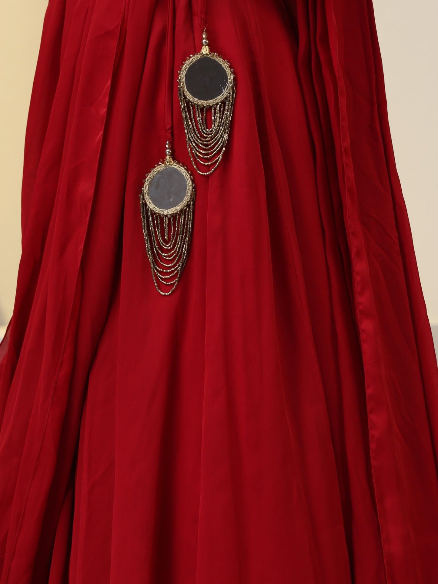 Dhiyona ST Milano Red Satin Skirt saree with Pallu with Beads on Waist-Band and Blouse Fabric