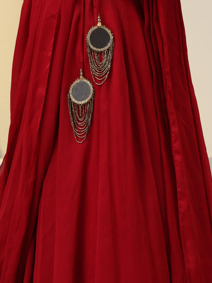 Dhiyona ST Milano Red Satin Skirt saree with Pallu with Beads on Waist-Band and Blouse Fabric