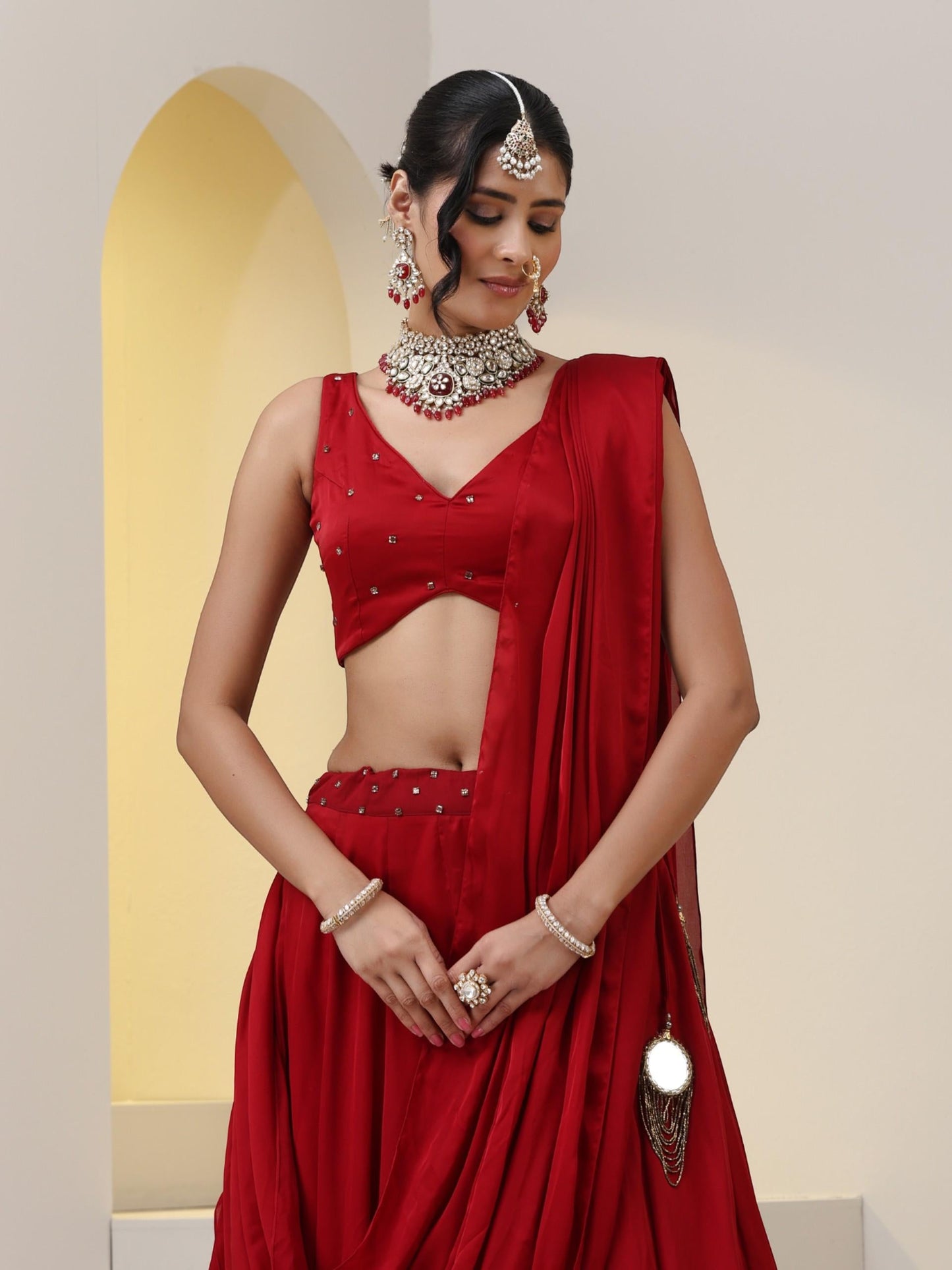 Dhiyona ST Milano Red Satin Skirt saree with Pallu with Beads on Waist-Band and Blouse Fabric