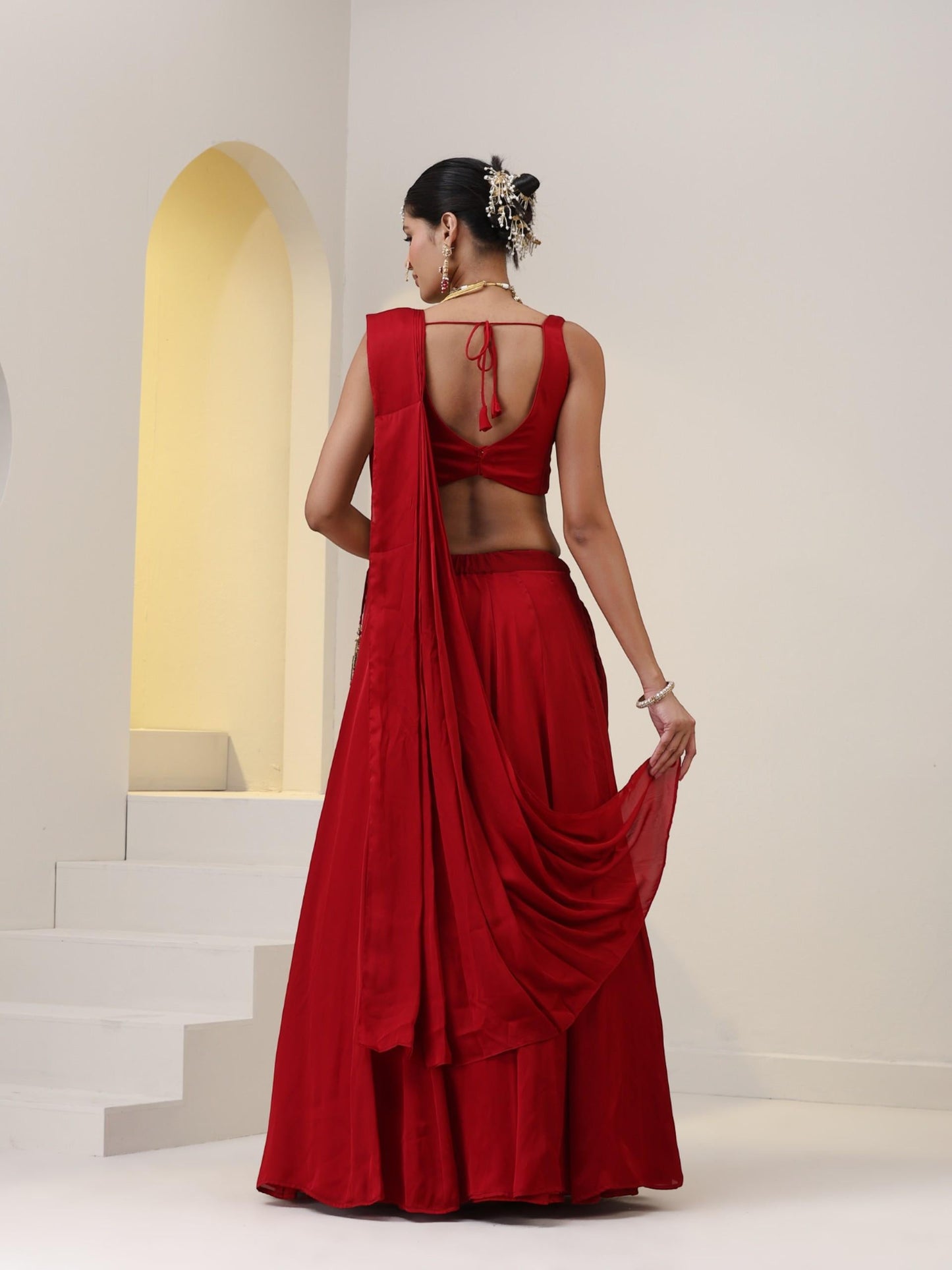 Dhiyona ST Milano Red Satin Skirt saree with Pallu with Beads on Waist-Band and Blouse Fabric