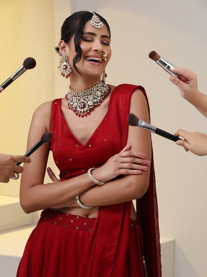 Dhiyona ST Milano Red Satin Skirt saree with Pallu with Beads on Waist-Band and Blouse Fabric