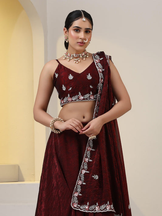 Dhiyona ST 3 pc SET - Maroon Paisley Chiffon Lehenga with Hand Embroidered Cut Dana Blouse Fabric and Dupatta