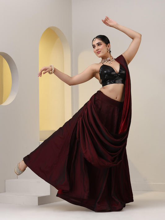 Dhiyona ST Rosewood Satin Skirt saree with Waterfall pallu and Black Sequin Blouse Fabric