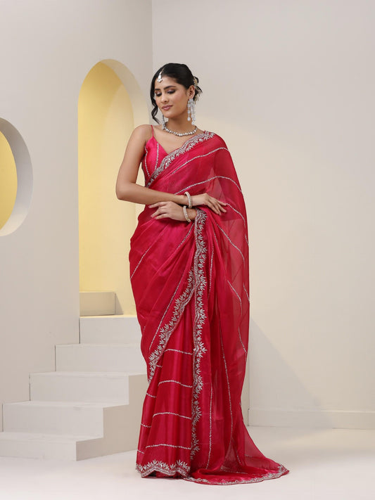 Dhiyona ST Pink Organza Chiffon Saree with Cut Dana Embroidery with Embroidered Blouse Fabric