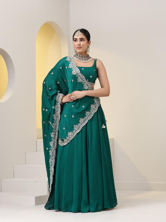 Dhiyona ST 3 pc SET - Emerald Satin Lehenga with Hand Embroidered Blouse fabric and Dupatta