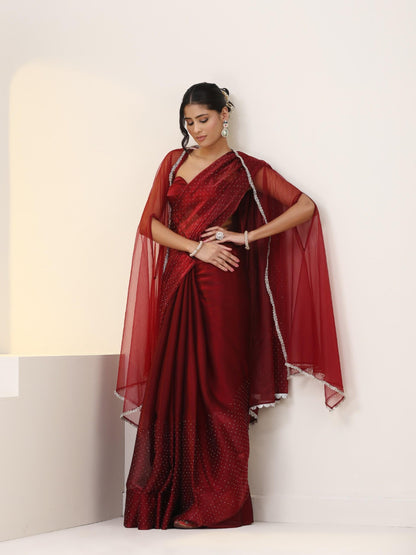 Dhiyona ST Maroon Swarovski style Saree with Lace and Blouse Fabric
