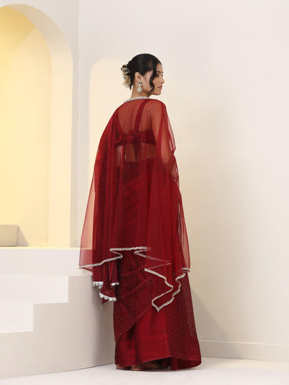 Dhiyona ST Maroon Swarovski style Saree with Lace and Blouse Fabric