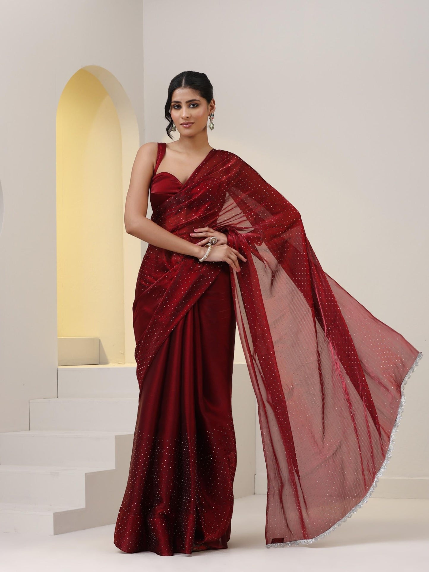 Dhiyona ST Maroon Swarovski style Saree with Lace and Blouse Fabric