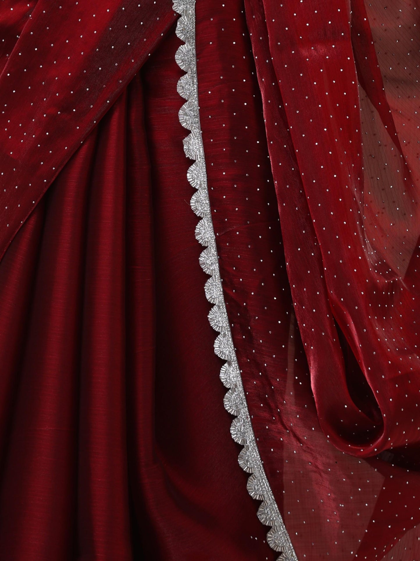 Dhiyona ST Maroon Swarovski style Saree with Lace and Blouse Fabric