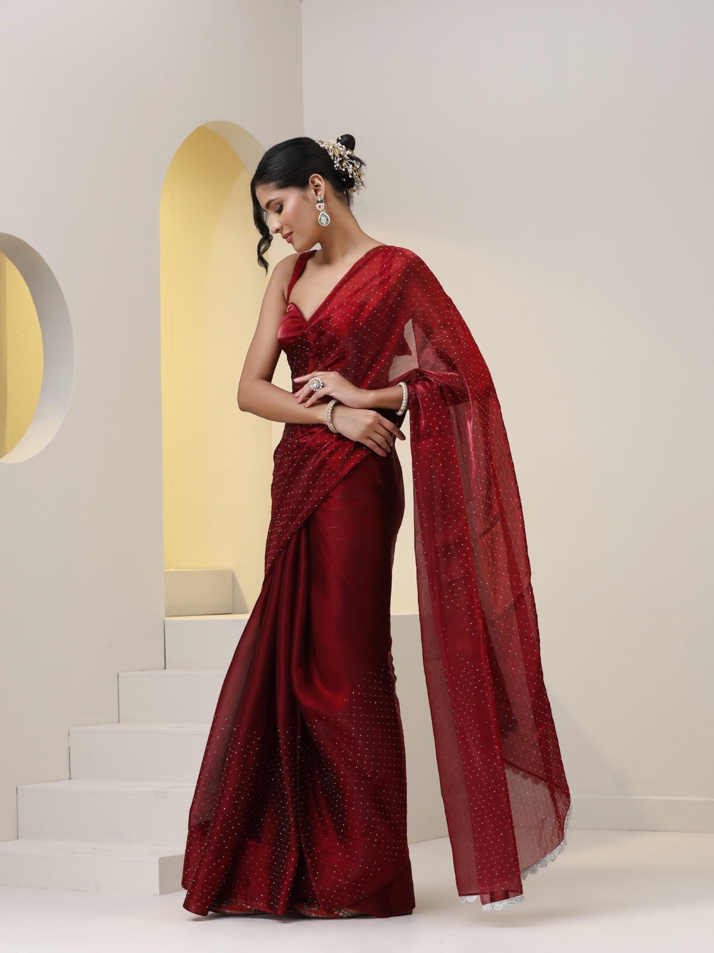Dhiyona ST Maroon Swarovski style Saree with Lace and Blouse Fabric
