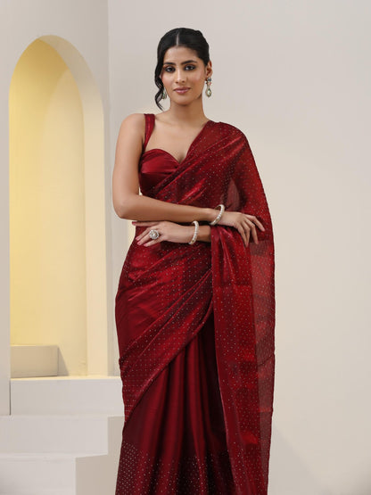 Dhiyona ST Maroon Swarovski style Saree with Lace and Blouse Fabric