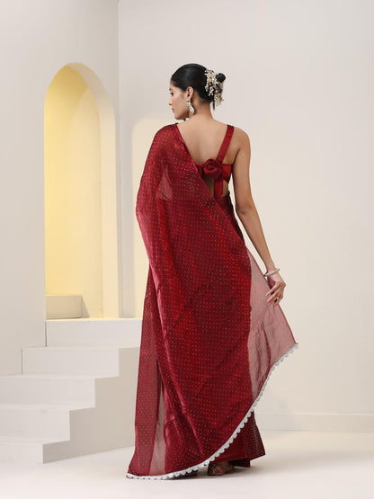 Dhiyona ST Maroon Swarovski style Saree with Lace and Blouse Fabric