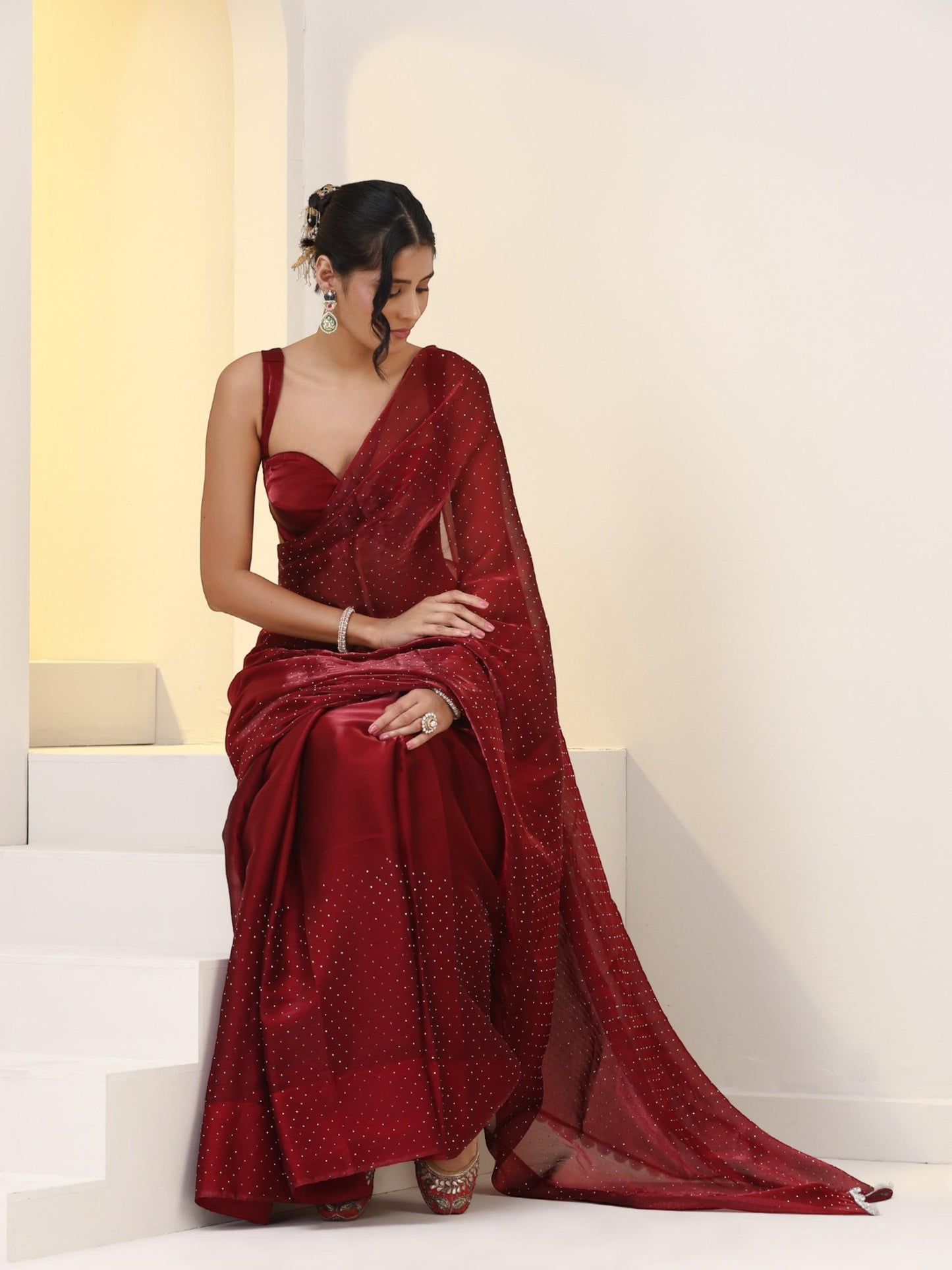 Dhiyona ST Maroon Swarovski style Saree with Lace and Blouse Fabric