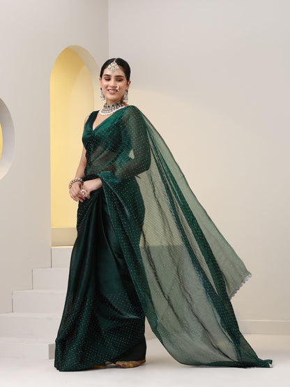 Dhiyona ST Emerald Swarovski style Saree with Lace and Blouse Fabric
