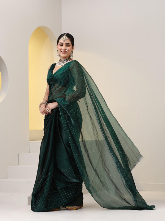 Dhiyona ST Emerald Swarovski style Saree with Lace and Blouse Fabric