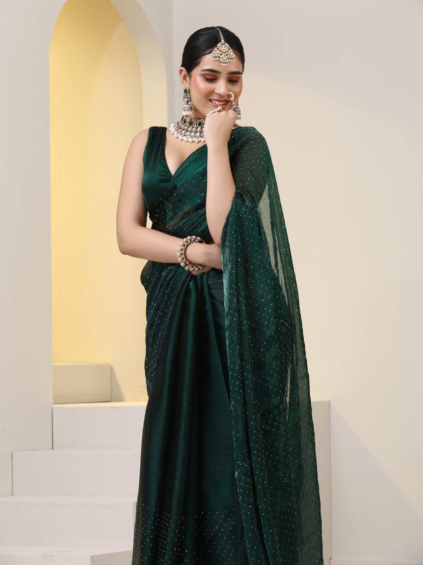 Dhiyona ST Emerald Swarovski style Saree with Lace and Blouse Fabric
