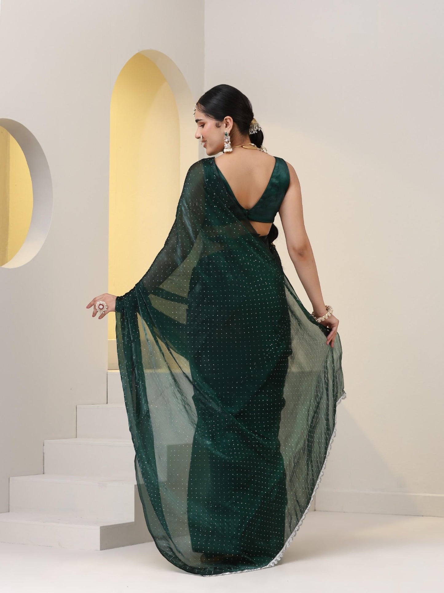 Dhiyona ST Emerald Swarovski style Saree with Lace and Blouse Fabric