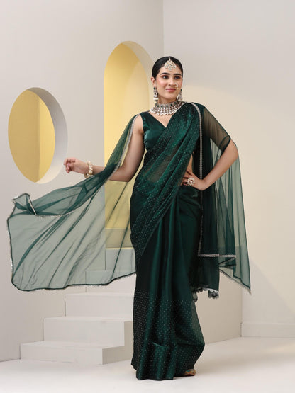 Dhiyona ST Emerald Swarovski style Saree with Lace and Blouse Fabric