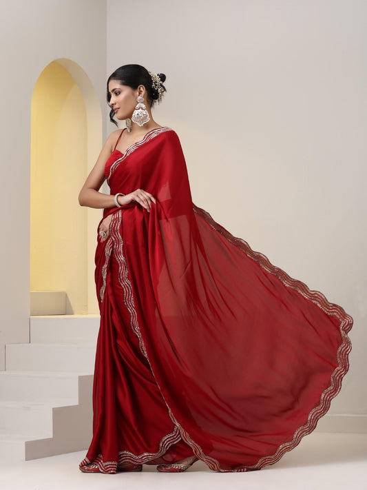 Dhiyona ST Milano Red Satin Saree with Hand embroidery with Blouse Fabric