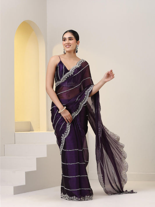 Dhiyona ST Prized Possession Purple Organza Chiffon Saree with Cut Dana Embroidery with Embroidered Blouse Fabric