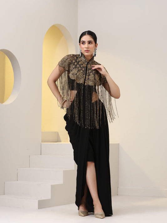 Dhiyona ST Beaded Black Cape with Long Sequins