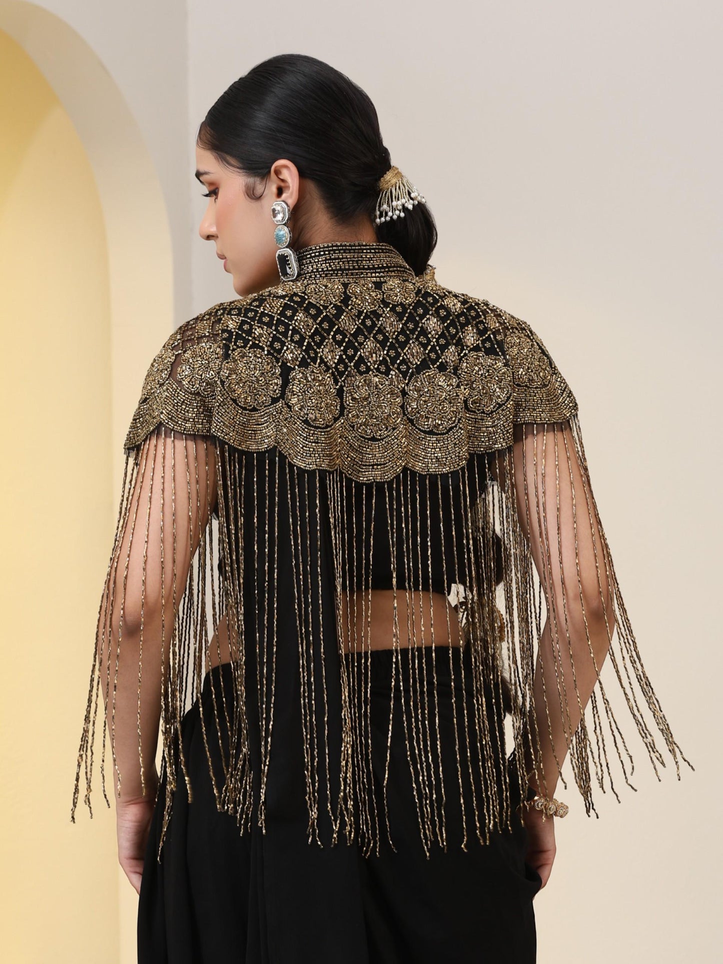 Dhiyona ST Beaded Black Cape with Long Sequins