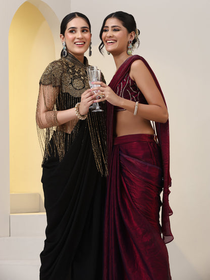 Dhiyona ST Beaded Black Cape with Long Sequins