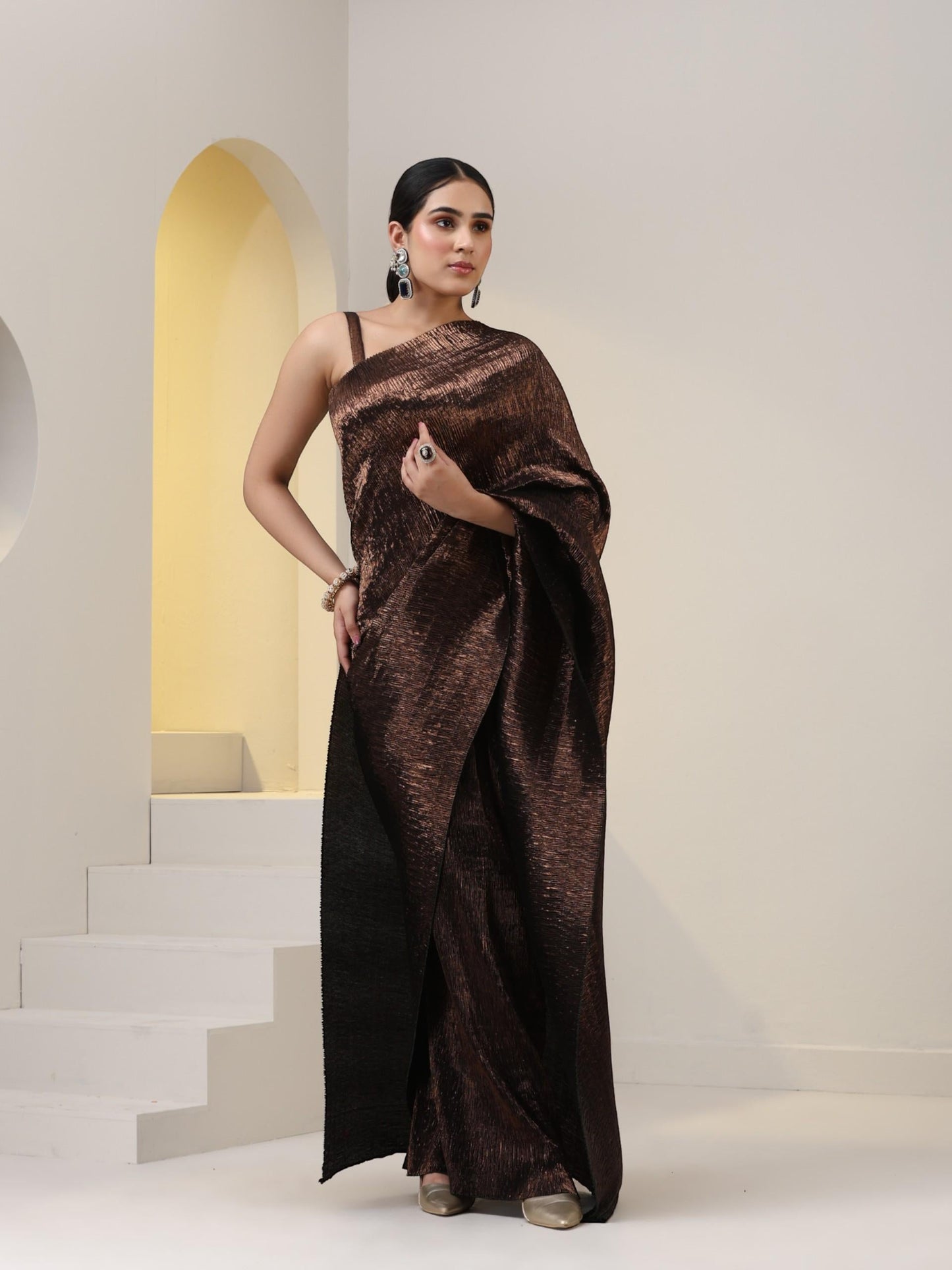Dhiyona ST 2 pc SET - Magnificent Bronze Shiny Pleated Pre-Draped Saree with Blouse Fabric