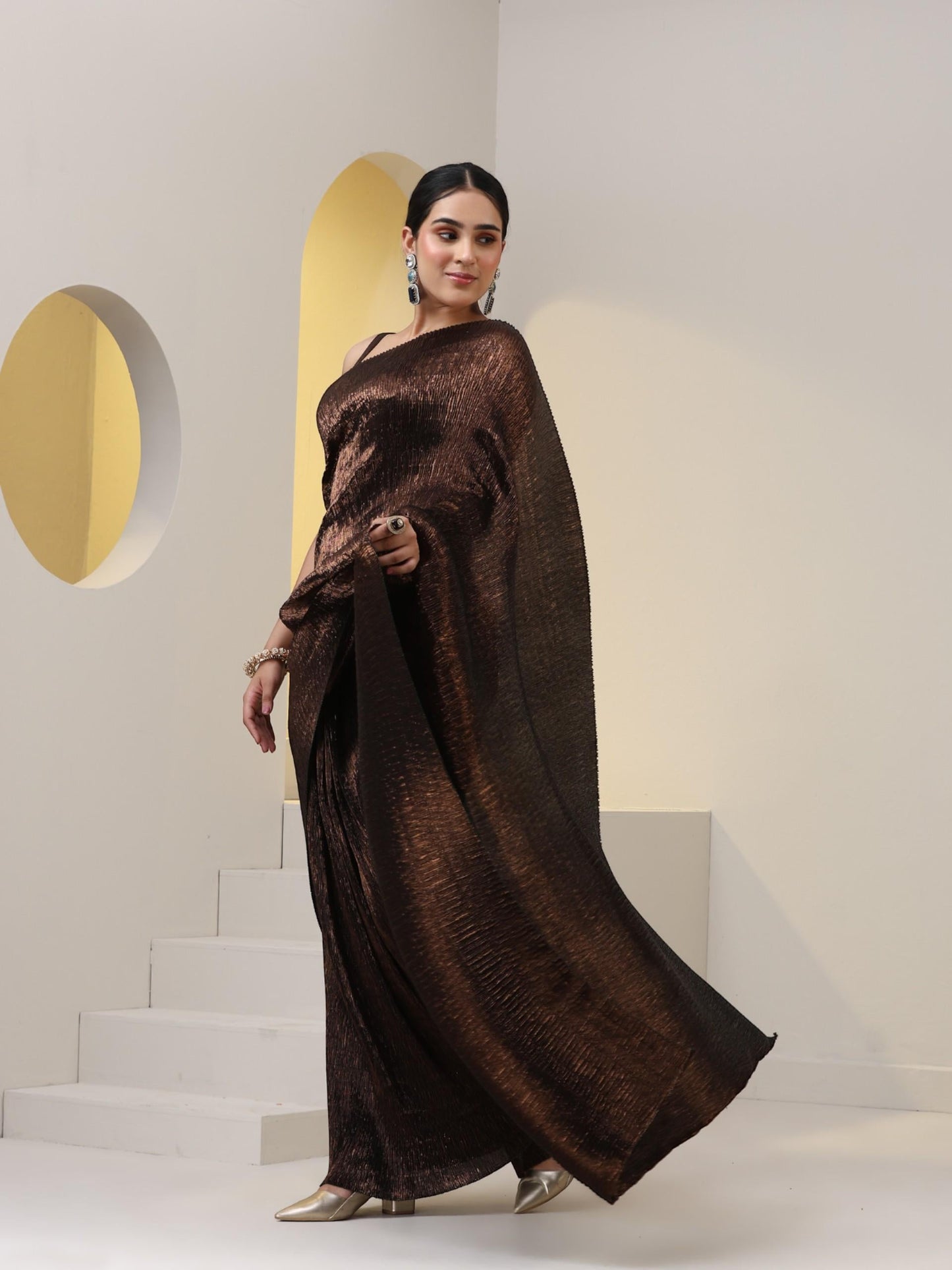 Dhiyona ST 2 pc SET - Magnificent Bronze Shiny Pleated Pre-Draped Saree with Blouse Fabric