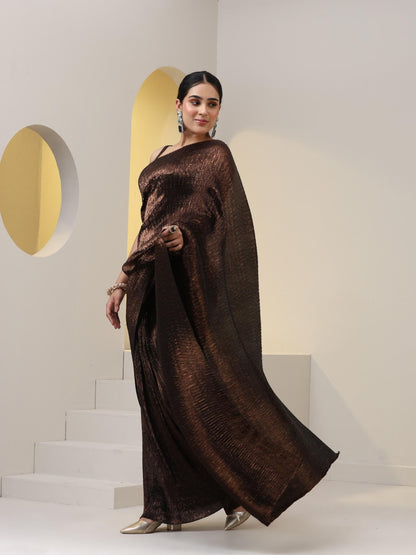 Dhiyona ST 2 pc SET - Magnificent Bronze Shiny Pleated Pre-Draped Saree with Blouse Fabric