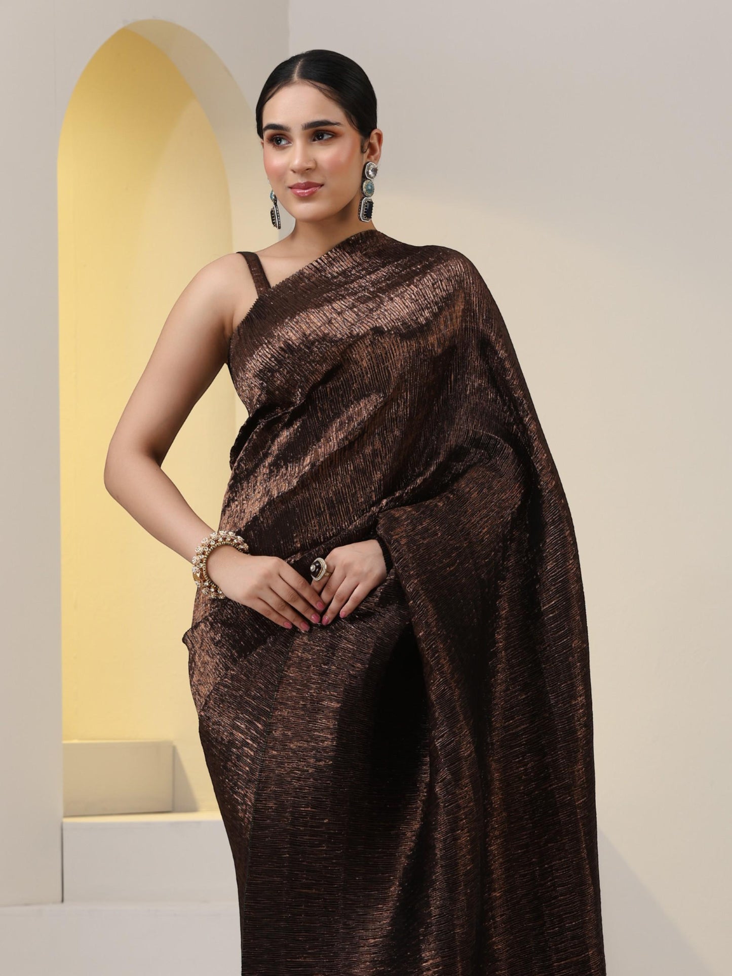 Dhiyona ST 2 pc SET - Magnificent Bronze Shiny Pleated Pre-Draped Saree with Blouse Fabric